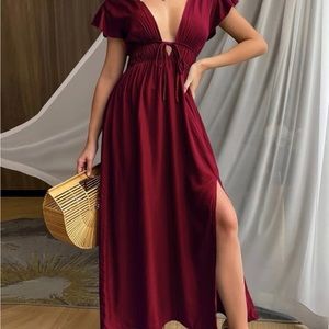 burgundy split thigh dress